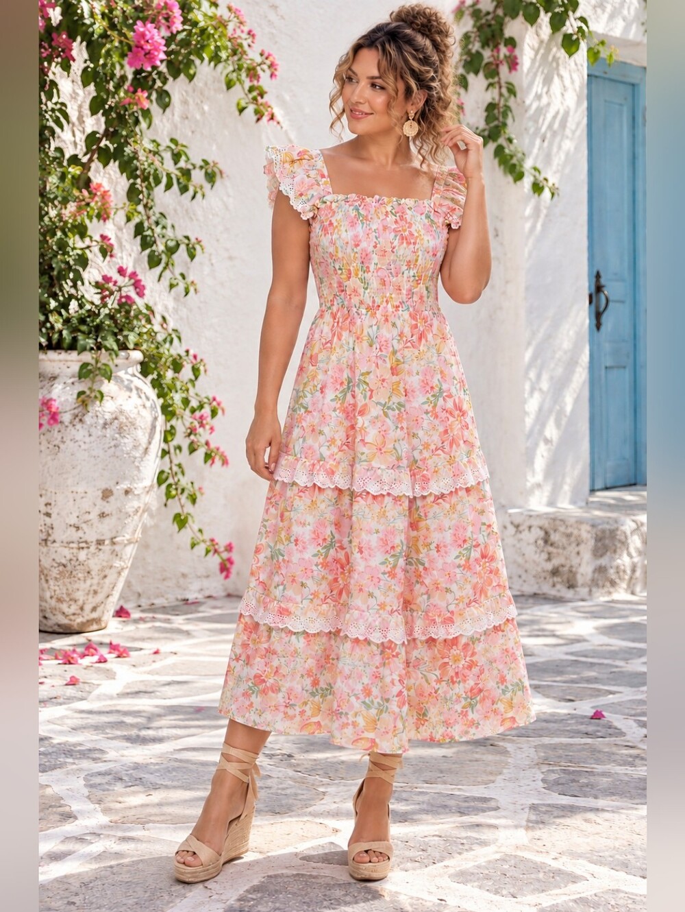 Haute Hippie Floral Smocked Eyelet Ruffle Midi Dress Size 12 Cottagecore Boho